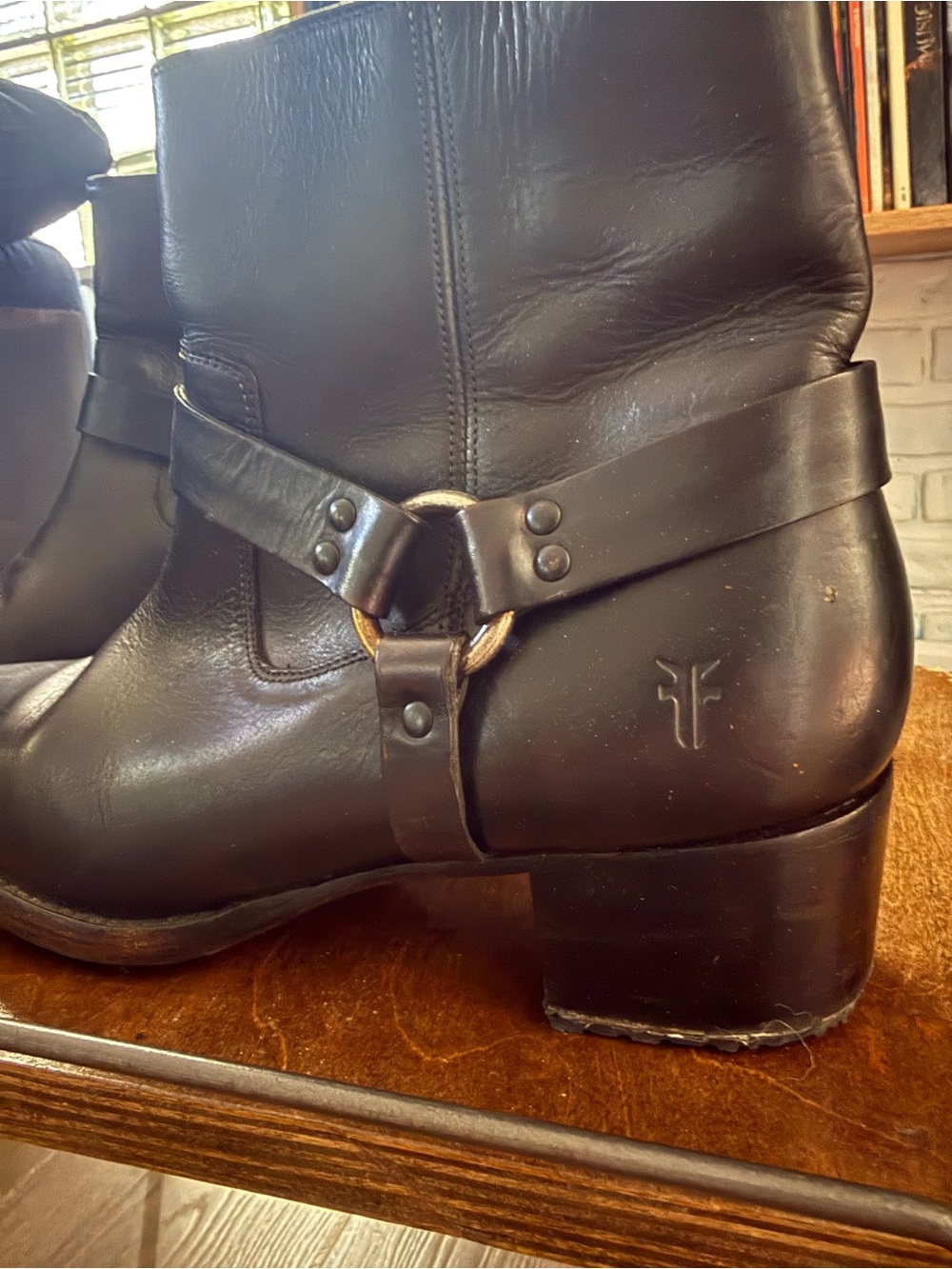 Frye Black Leather Ankle Boots with Harness Detail - Picture 3 of 10
